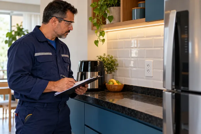 Profissional avaliando a instalação elétrica de uma cozinha