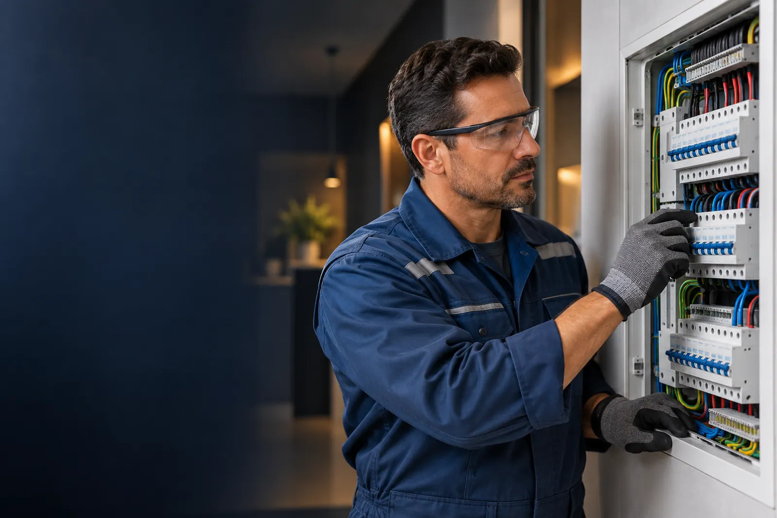Profissional de uniforme avaliando um quadro de distribuição elétrica