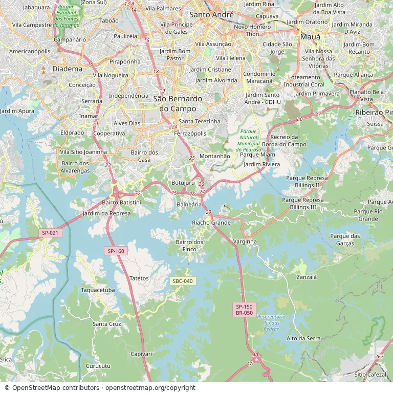 Mapa regional de São Bernardo do Campo e parte da represa Billings